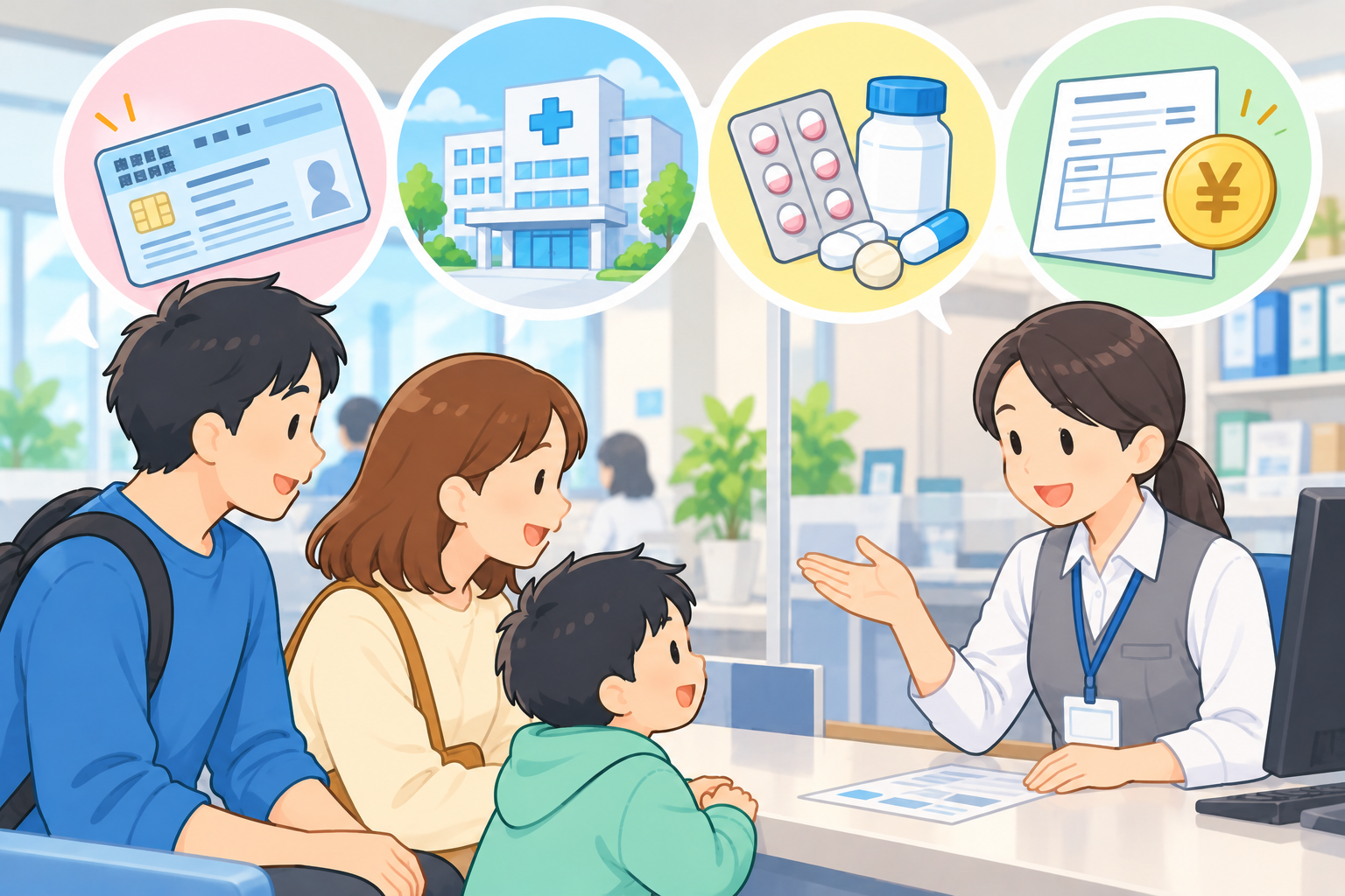 健康保険証、病院、薬、医療費の仕組みについて案内を受ける家族のイラスト